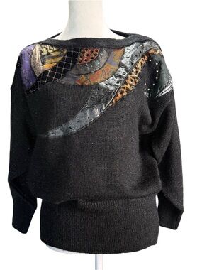 VTG Mariea Kim Women’s Patch Wool/metallic Blend Sweater Black Size S